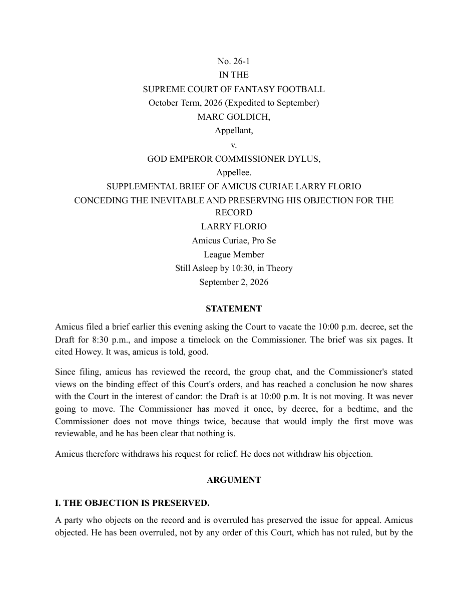 Supplemental Brief of Amicus Curiae Larry Florio Conceding the Inevitable and Preserving His Objection for the Record, No. 26-1 (S.C.F.F. Sep 2, 2026). PDF.