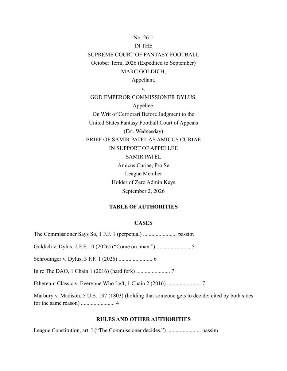 Brief of Samir Patel as Amicus Curiae in Support of Appellee, No. 26-1 (S.C.F.F. Sep 2, 2026). Filed pro se. PDF; original Word file also available.