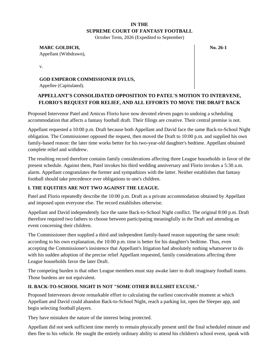 Appellant's Consolidated Opposition to Patel's Motion to Intervene, Florio's Request for Relief, and All Efforts to Move the Draft Back, No. 26-1 (S.C.F.F., dated Sep 5, 2026). Filed pro se. PDF.