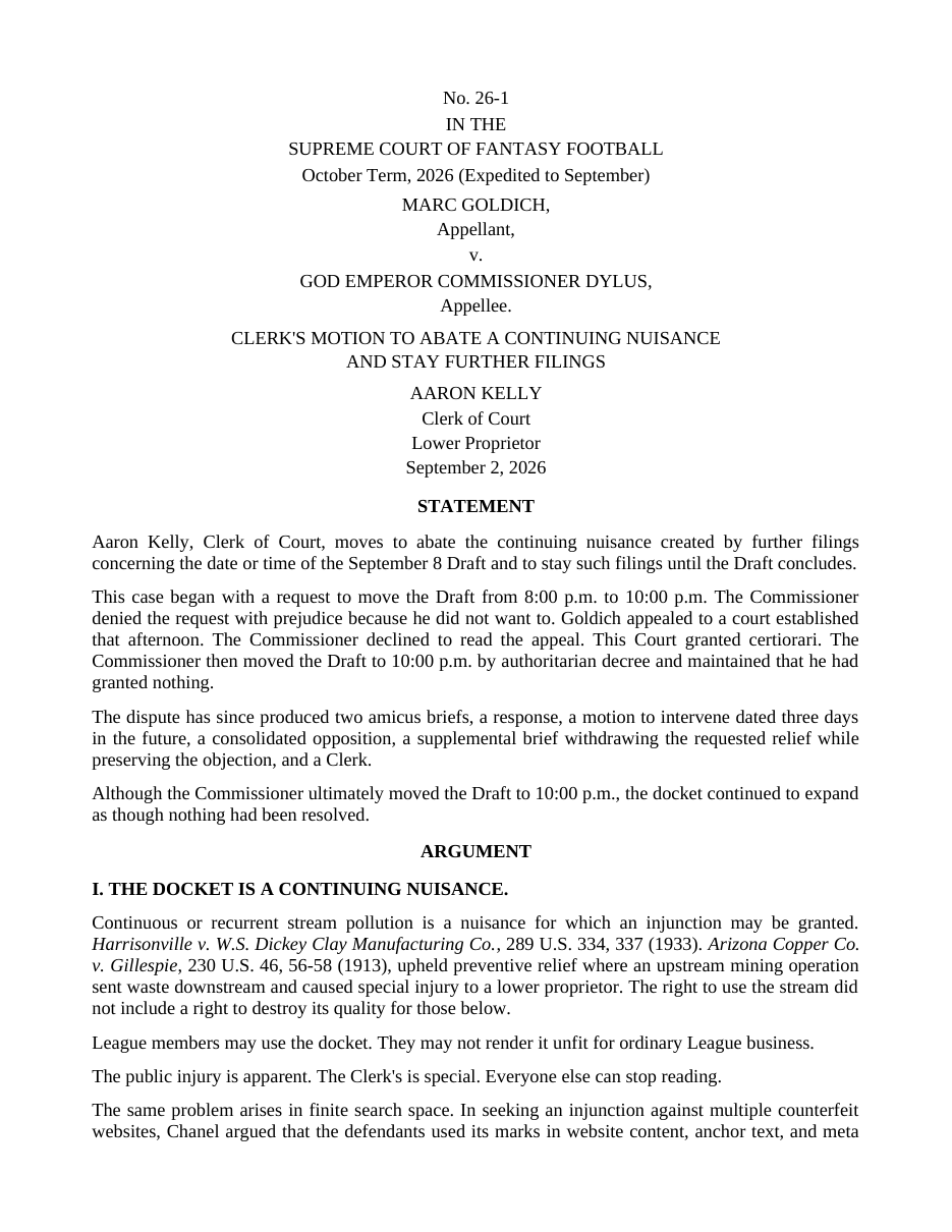Clerk's Motion to Abate a Continuing Nuisance and Stay Further Filings, Aaron Kelly, Clerk of Court, No. 26-1 (S.C.F.F., dated Sep 2, 2026; docketed Sep 3). PDF.