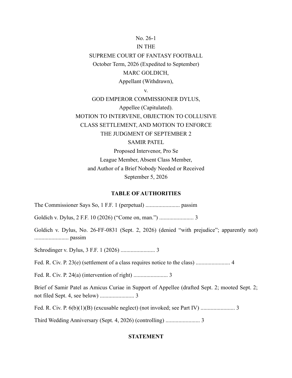 Motion to Intervene, Objection to Collusive Class Settlement, and Motion to Enforce the Judgment of September 2, Samir Patel, No. 26-1 (S.C.F.F., dated Sep 5, 2026). PDF; original Word file also available.