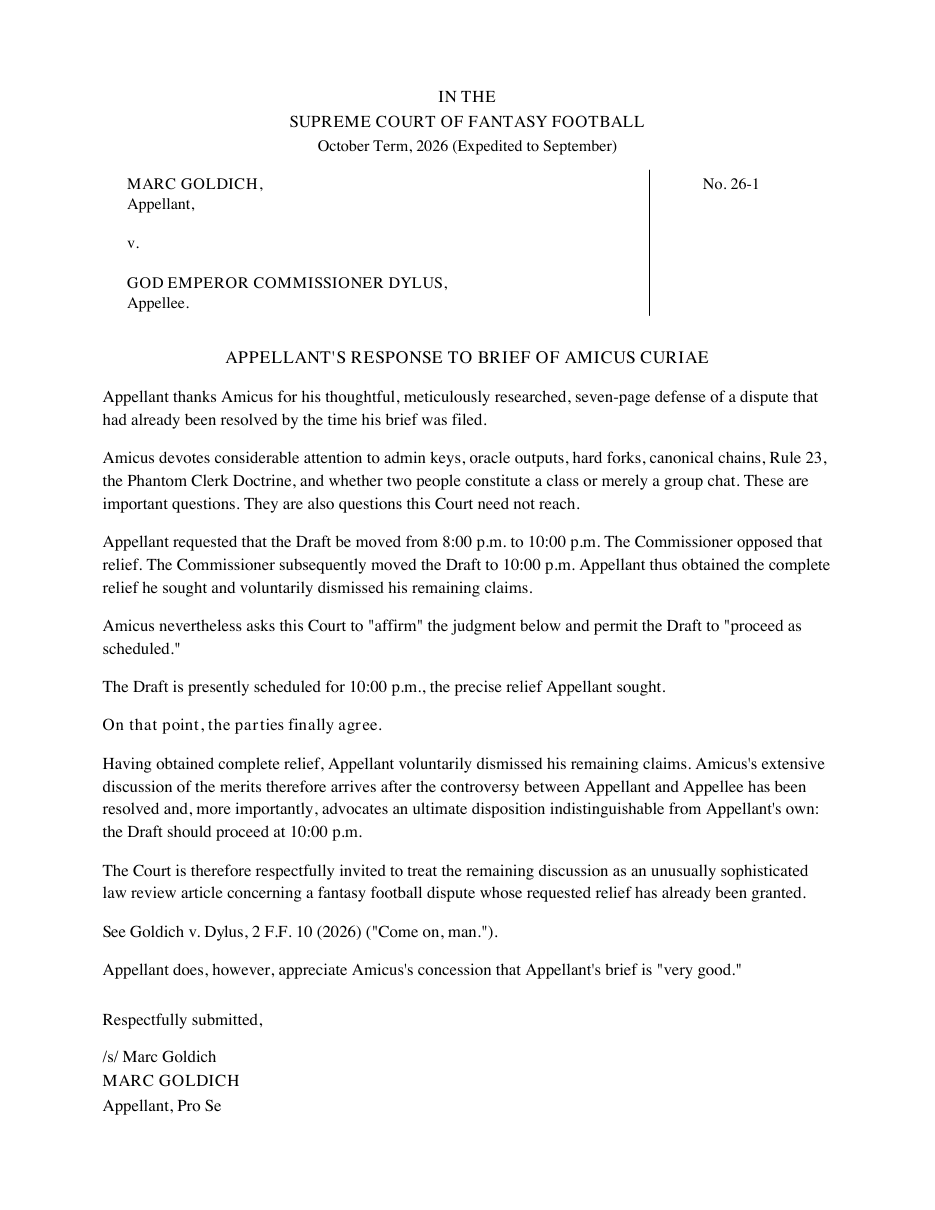 Appellant's Response to Brief of Amicus Curiae, No. 26-1 (S.C.F.F. Sep 2, 2026). Filed pro se. PDF.